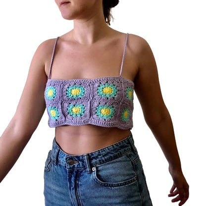 Crochet Knit Colorful Spaghetti Straps Backless Clubwear Crop Flower Top