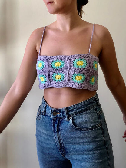 Crochet Knit Colorful Spaghetti Straps Backless Clubwear Crop Flower Top