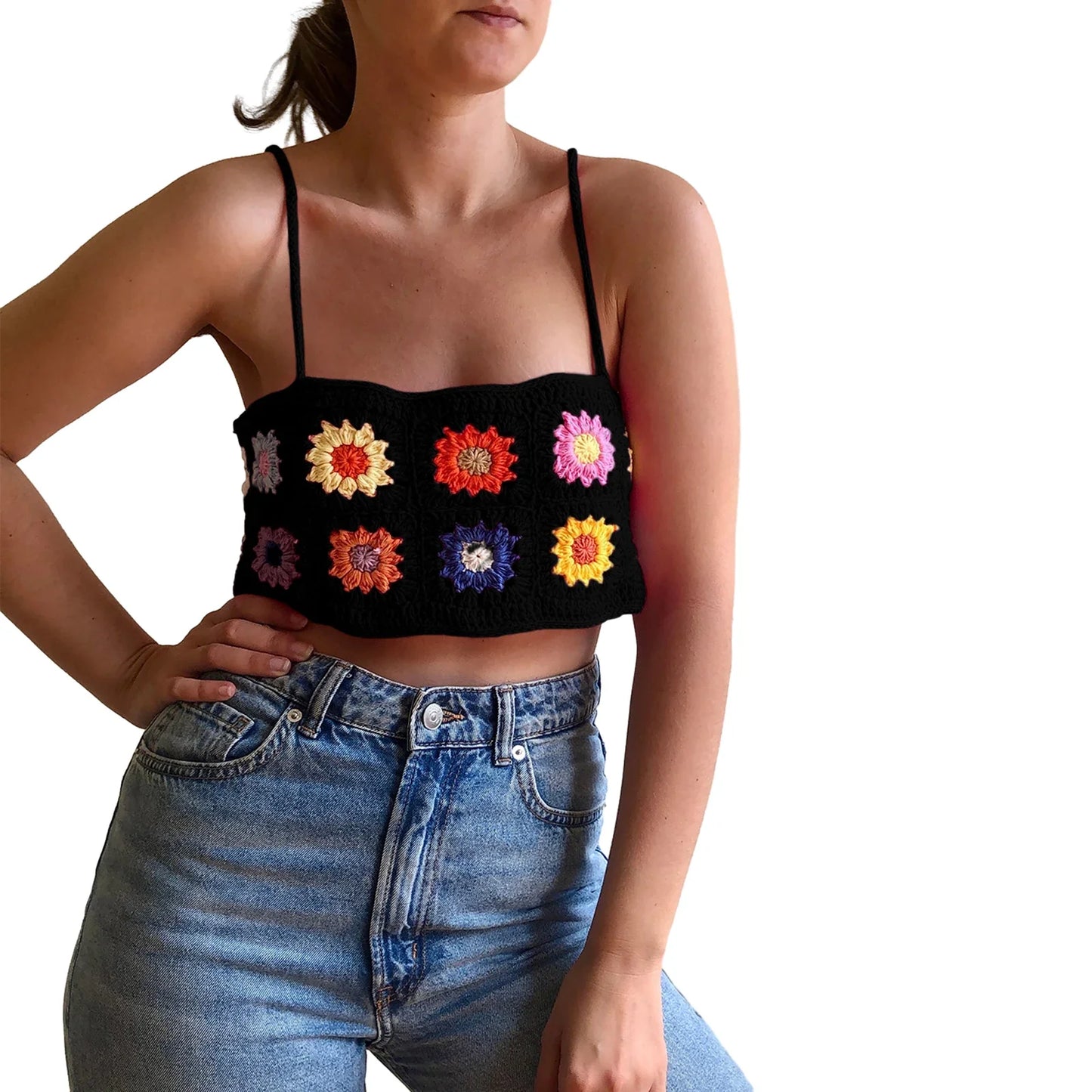 Crochet Knit Colorful Spaghetti Straps Backless Clubwear Crop Flower Top