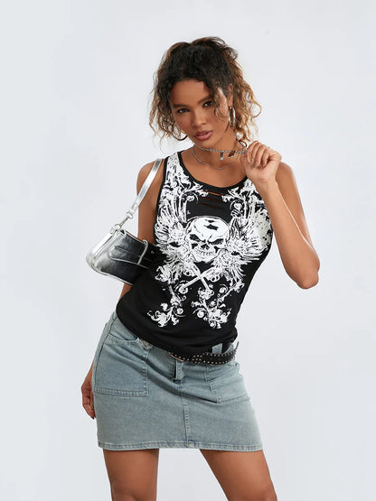 Goth Running Hollow-Out Fairy Crop Grunge Skull Sleeveless Print Summer Tank Top