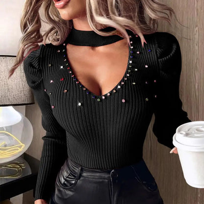 Women Hollow Out V-Neck Tops Studded Rhinestones Slim Fit Knit Blouse