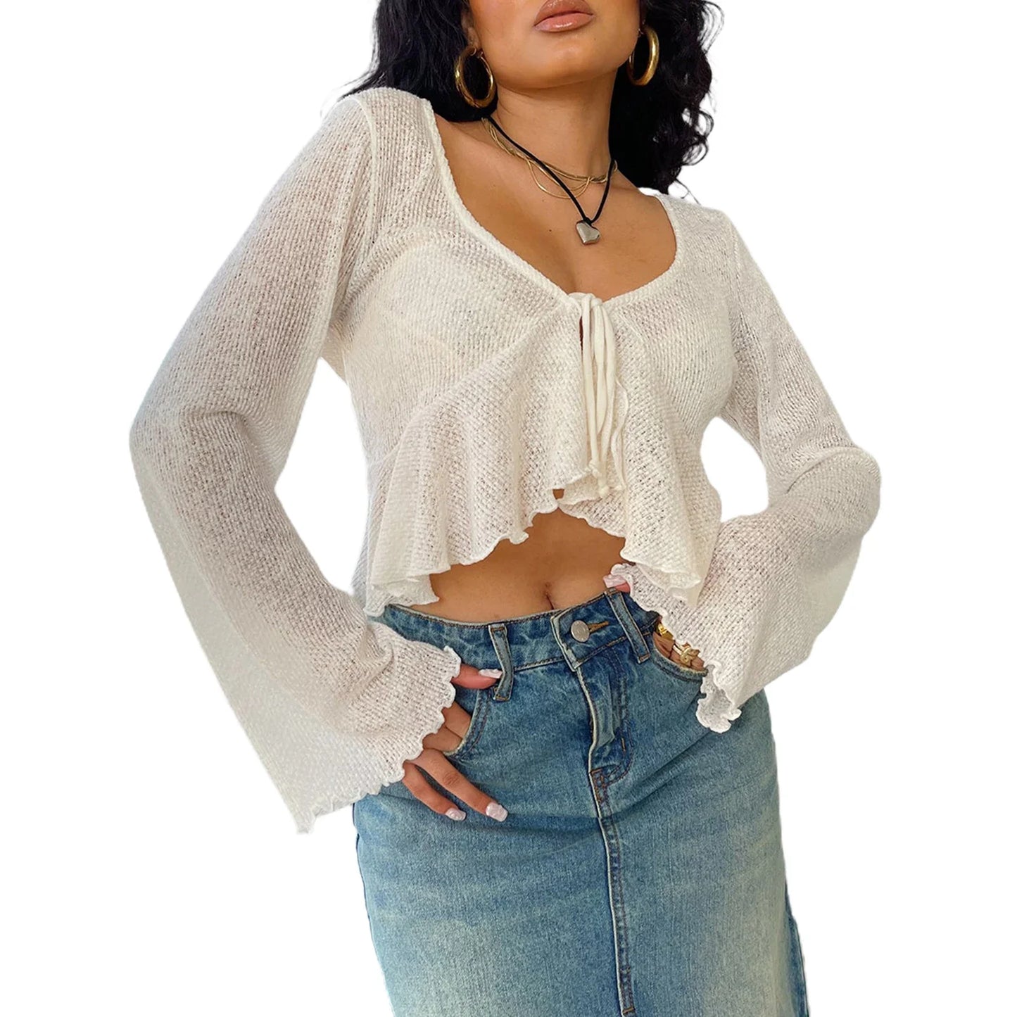 See Through V-Neck Front Tie-Up Flare Long Sleeve Shrug Cardigan Going Out Knitted T-shirts