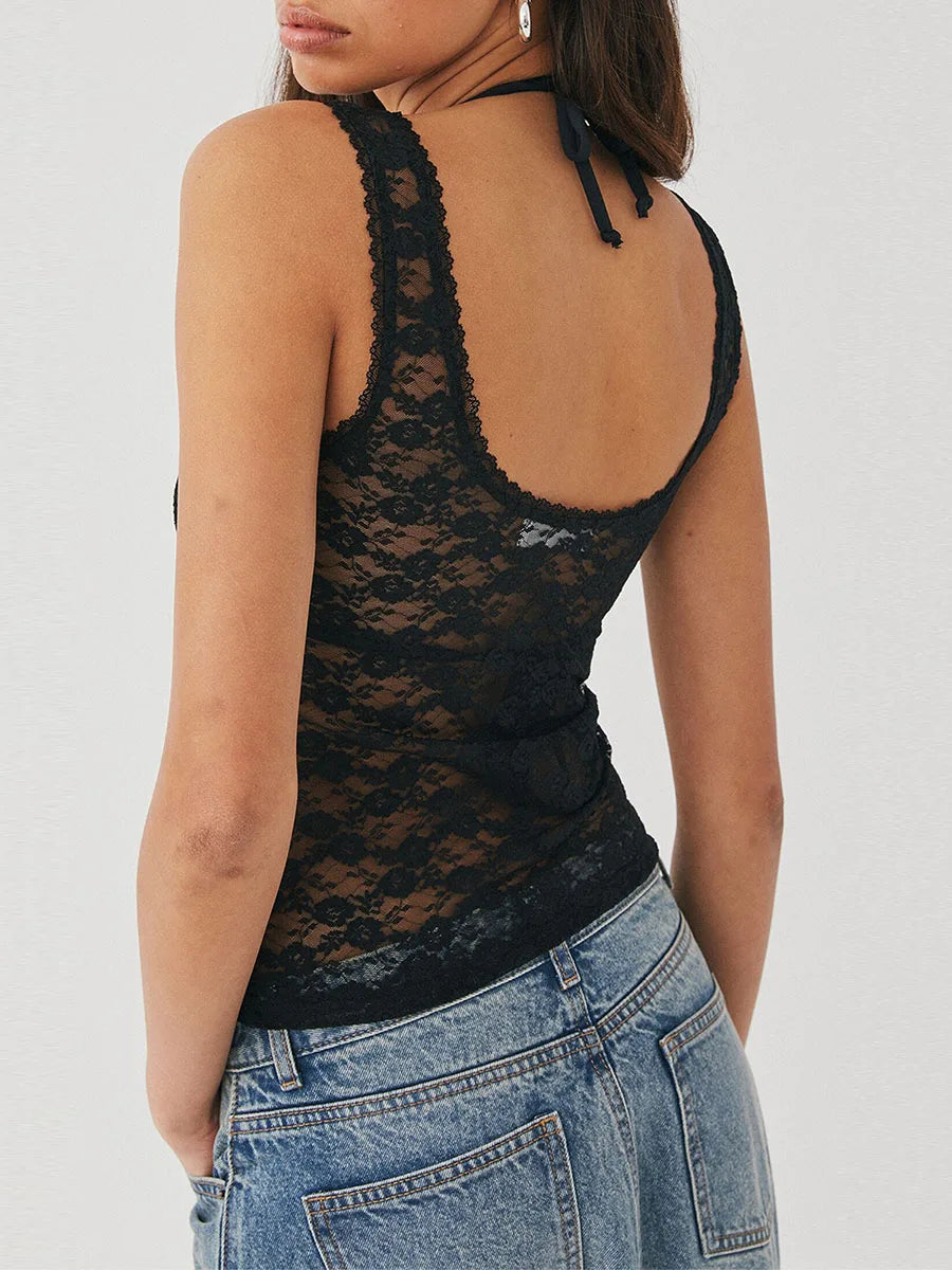 Sleeveless Backless U Neck Sheer See Through Slim Cover up Crop Lace Top