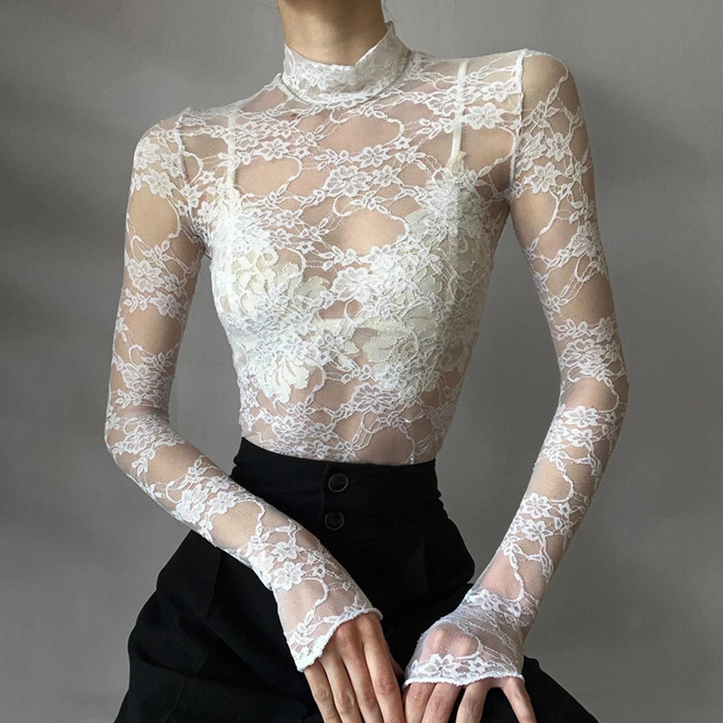 Floral Sheer Mesh Long See-Through Sexy Slim Clubwear Aesthetic Lace T-shirt