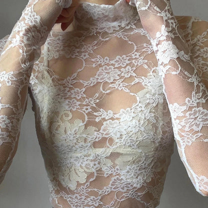 Floral Sheer Mesh Long See-Through Sexy Slim Clubwear Aesthetic Lace T-shirt