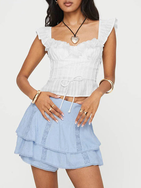 Ruffles Tie-Up Fly Sleeve Streetwear Crop Lace Top