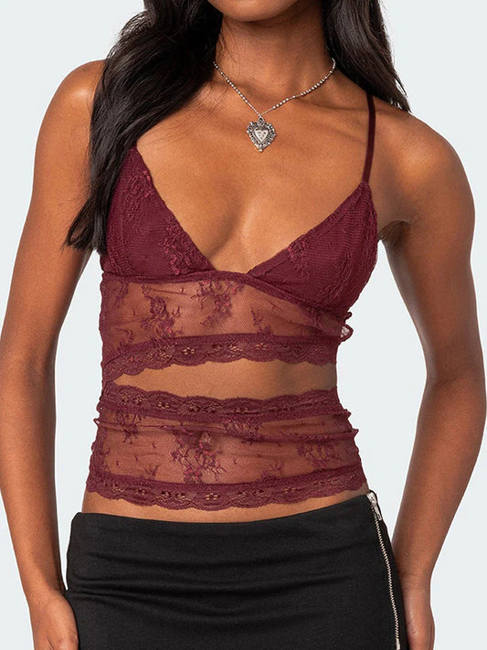 Sheer V-Neck Spaghetti Strap Vest Slim Fit Cutout Show Navel Crop Lace Top