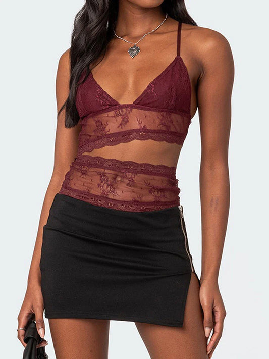 Sheer V-neck Spaghetti Strap Sheer Slim Fit Crop Lace Top