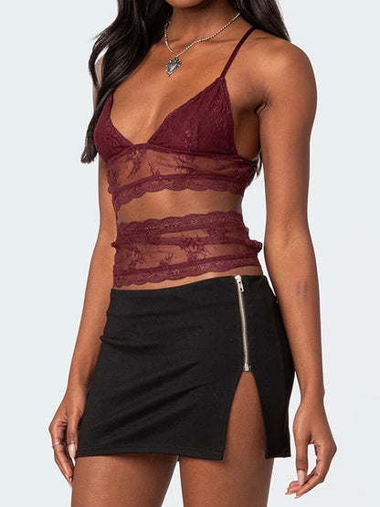 Sheer V-Neck Spaghetti Strap Vest Slim Fit Cutout Show Navel Crop Lace Top