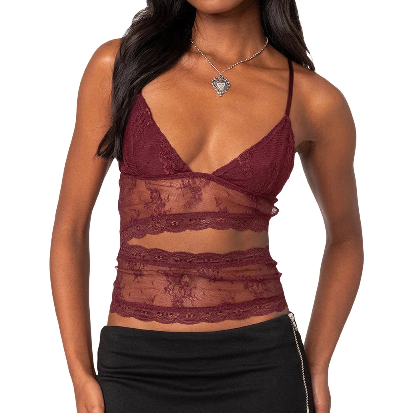 Sheer V-Neck Spaghetti Strap Vest Slim Fit Cutout Show Navel Crop Lace Top