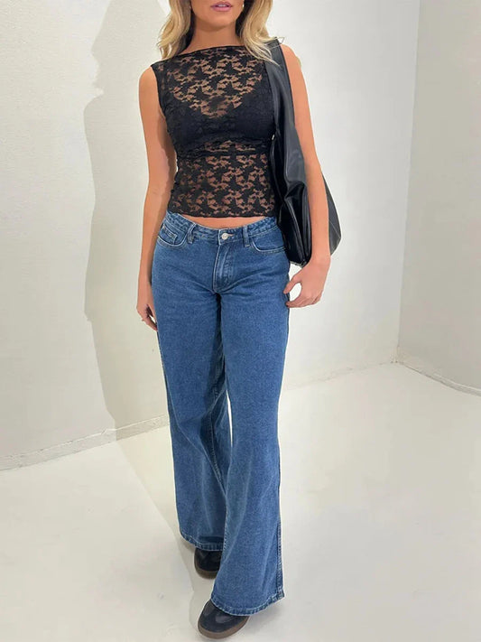 Tank Sleeveless Crew Neck See-through Slim Fit Sheer Crop Lace Top