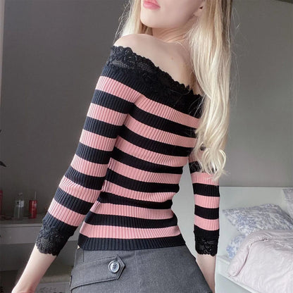 Lace Trim Striped Off-Shoulder Knitted Spring Fall Casual Aesthetic Streetwear Women T-shirt