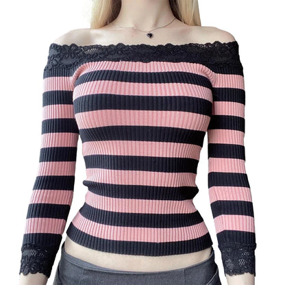 Lace Trim Striped Off-Shoulder Knitted Spring Fall Casual Aesthetic Streetwear Women T-shirt