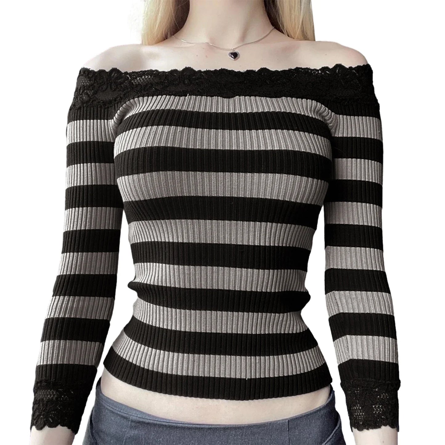 Lace Trim Striped Off-Shoulder Knitted Spring Fall Casual Aesthetic Streetwear Women T-shirt