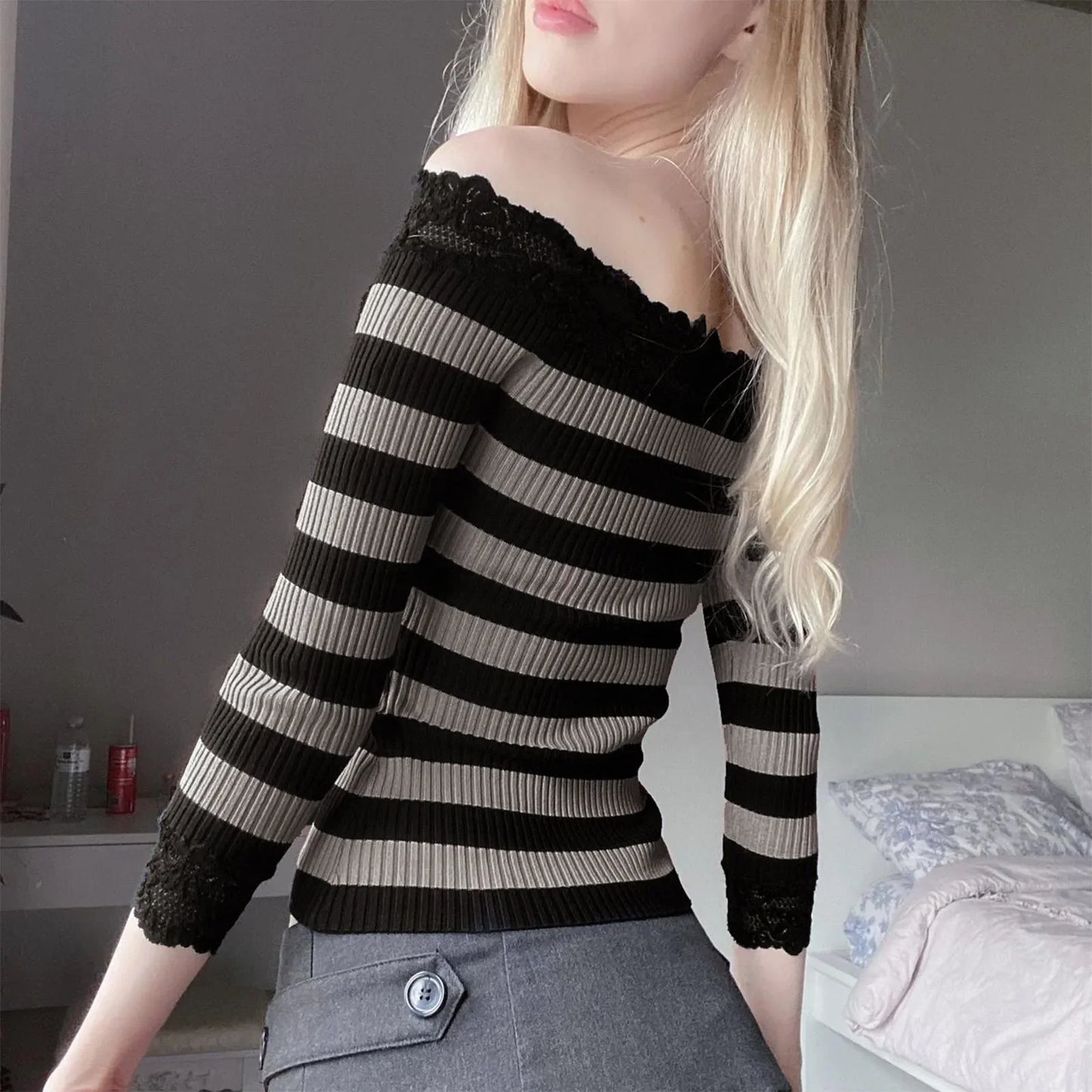 Lace Trim Striped Off-Shoulder Knitted Spring Fall Casual Aesthetic Streetwear Women T-shirt