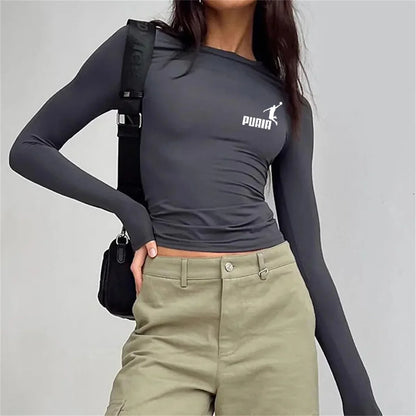 Spring Autumn Solid Slim Casual Pullovers Basic Streetwear Long T-shirt