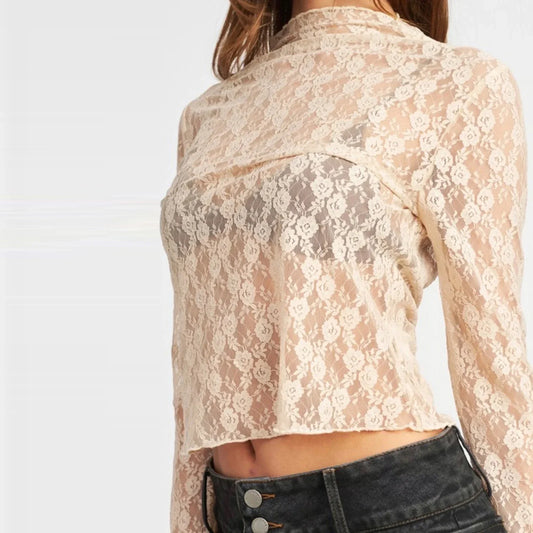 Sleeve Lace See Through Mock Neck Sexy Fall Winter Fashion Slim Streetwear Long T-shirt