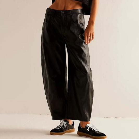 Leather Solid Casual Wide High Street Clothes Streetwear Loose Pants