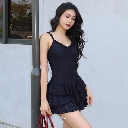 V-Neck Fashion Pleated Sexy Sleeveless Straps A-Line Streetwear Casual Slim Mini Solid Dress