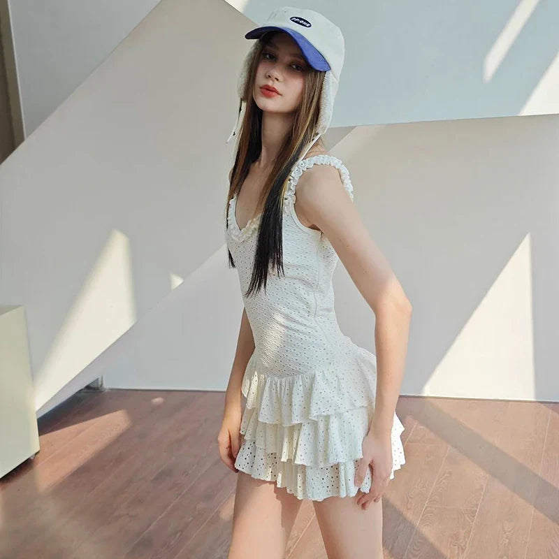 V-Neck Fashion Pleated Sexy Sleeveless Straps A-Line Streetwear Casual Slim Mini Solid Dress