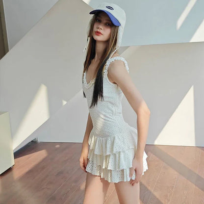 V-Neck Fashion Pleated Sexy Sleeveless Straps A-Line Streetwear Casual Slim Mini Solid Dress