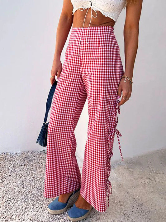 Side Tie-Up Hollow-Out Loose Wide-Leg Casual Sweat Pantss Bottoms Plaid Pants