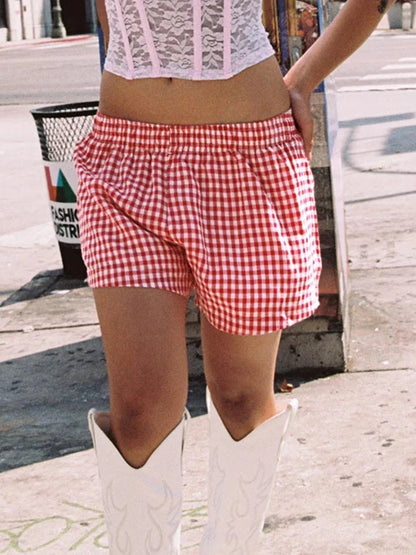 Elastic Casual Summer Streetwear Daily Date Plaid Short