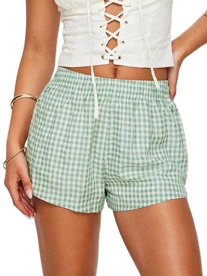 Elastic Casual Summer Streetwear Daily Date Plaid Short