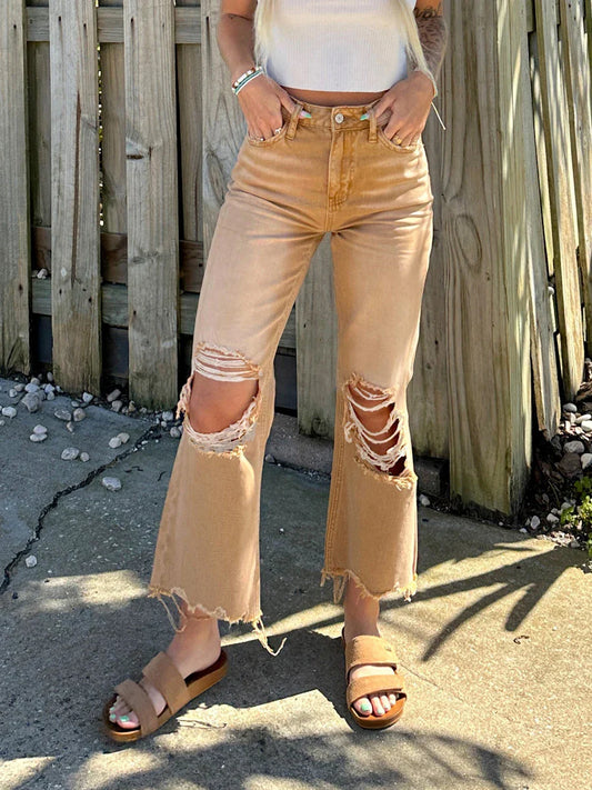 Ripped Distressed Flared Casual Frayed Wide High Solid Color Retro Pants