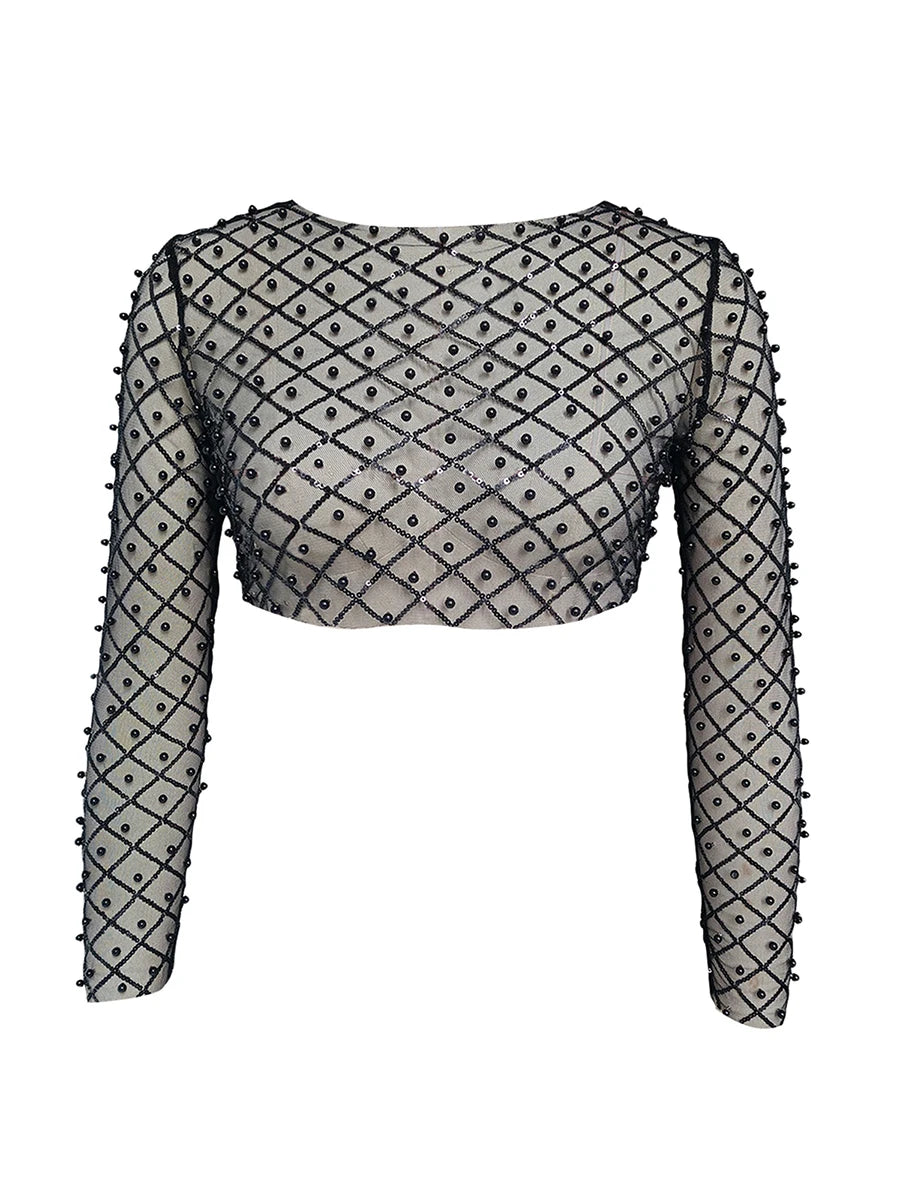 Rhinestone Beaded Y2k Slim Long Sleeve Stylish Elegant Trendy Chic Classic Mesh Crop Top