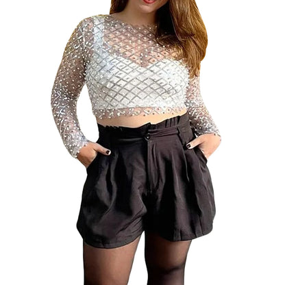 Rhinestone Beaded Y2k Slim Long Sleeve Stylish Elegant Trendy Chic Classic Mesh Crop Top