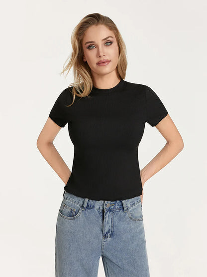 Slim Fitted Short Sleeve Crew Neck Tight Tee Lettuce Trim Going Out Crop Ribbed Top