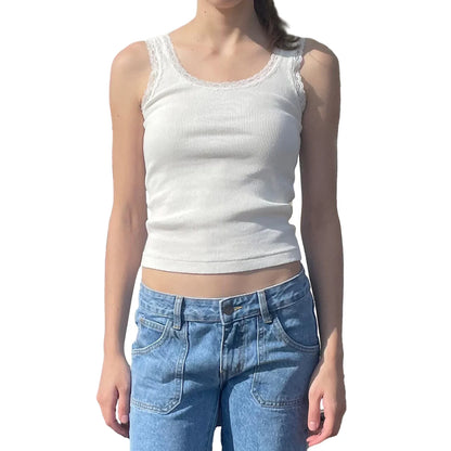 Ribbed Sleeveless Crew Neck Lace Trim Slim Fit Ladies Summer Streetwear Tank Women Top