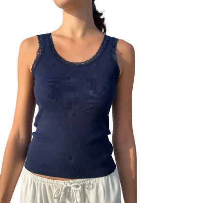 Ribbed Sleeveless Crew Neck Lace Trim Slim Fit Ladies Summer Streetwear Tank Women Top