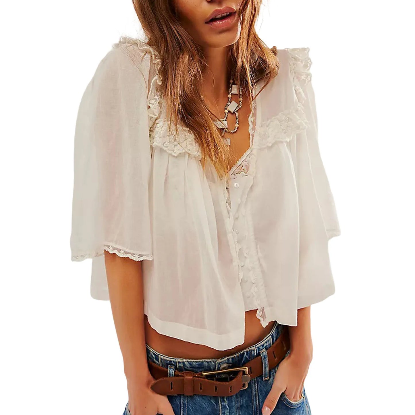 Lace See Through Buttons Short Sleeve Babydoll Summer Loose Fairy Streetwear Ruffles Blouse