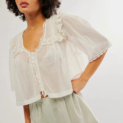 Lace See Through Buttons Short Sleeve Babydoll Summer Loose Fairy Streetwear Ruffles Blouse