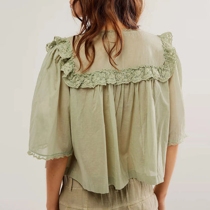 Lace See Through Buttons Short Sleeve Babydoll Summer Loose Fairy Streetwear Ruffles Blouse