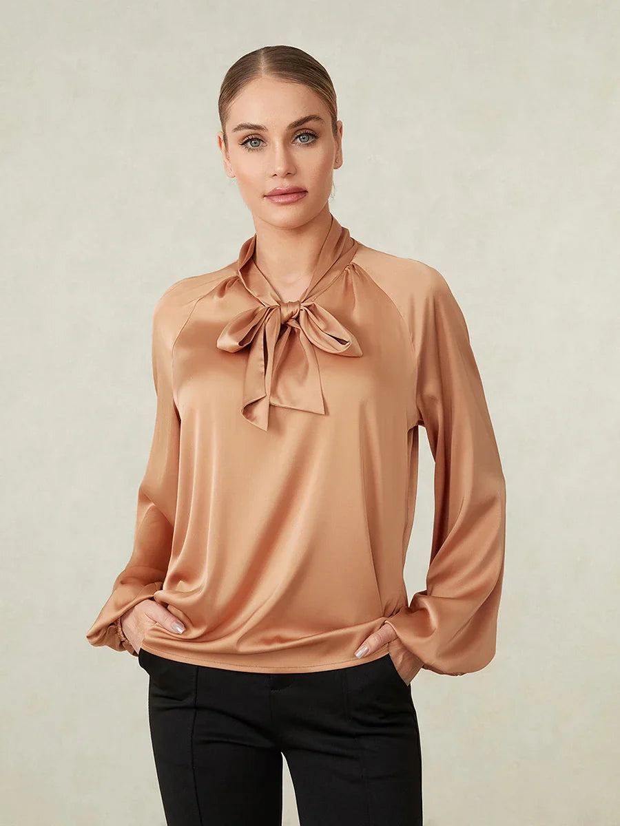 Elegnat Long Sleeve Tie-up Loose Solid Fall Office Tops Satin Blouse