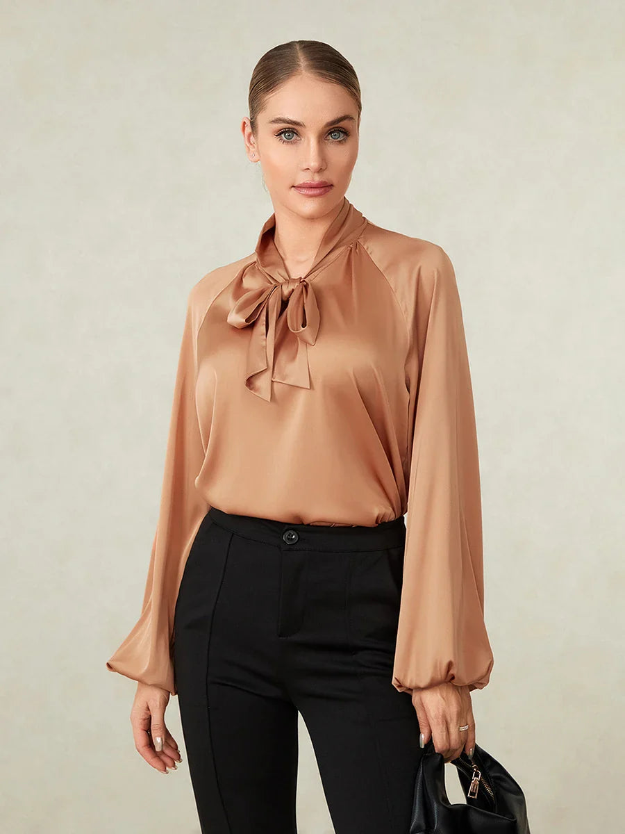 Elegnat Long Sleeve Tie-up Loose Solid Fall Office Tops Satin Blouse