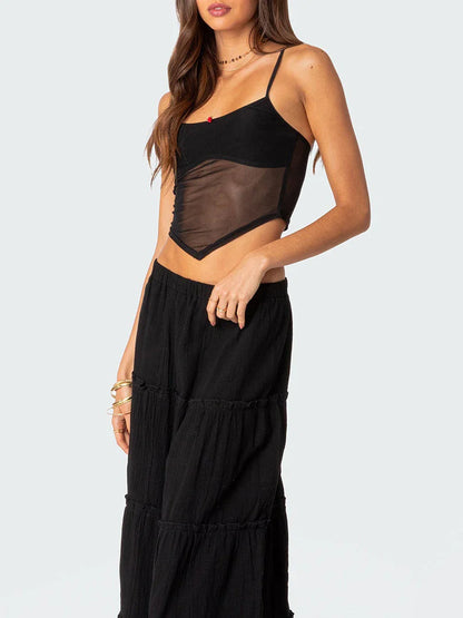 Through Hem Spaghetti Strap Tank Y2K Patchwork Cropped Camisole Clubwear Crop See Top