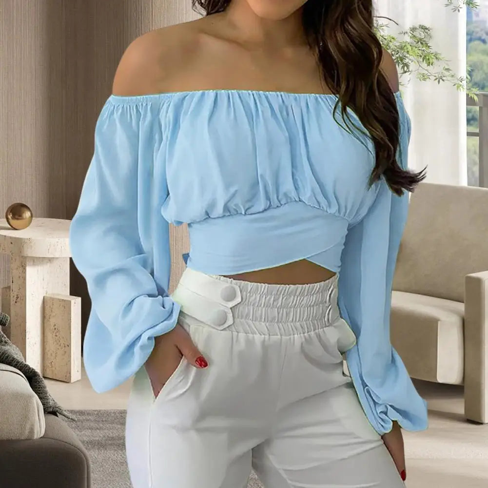 Women Cropped Off Shoulder Lantern Long Sleeve Loose Fit Blouse