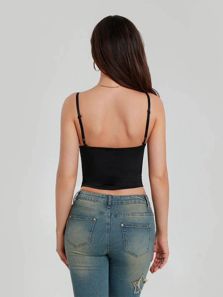 Plunge V Neck Spaghetti Strap Ruched Basic Sleeveless Crop Sexy Top