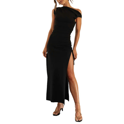 High Split Bodycon Oblique Sleeveless Drawstring Slim Fit Cocktail Party Maxi Sexy Dress