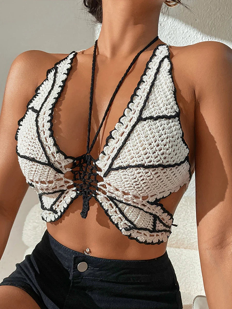 Knit Bikini Contrast Color Halter Neck Tie Up Crochet Butterfly Beachwear Crop Sexy Top