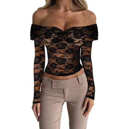 Lace Floral Sheer Mesh Crop Off Shoulder Long Sleeve Slim Fit Sexy T-shirt