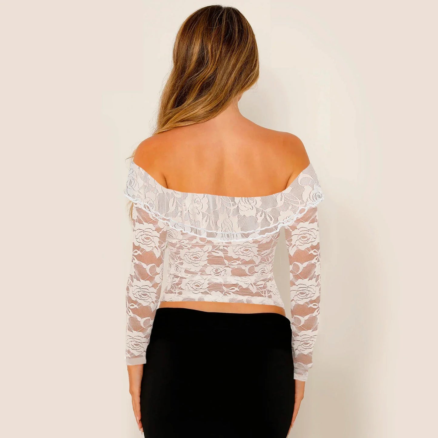 Lace Floral Sheer Mesh Crop Off Shoulder Long Sleeve Slim Fit Sexy T-shirt