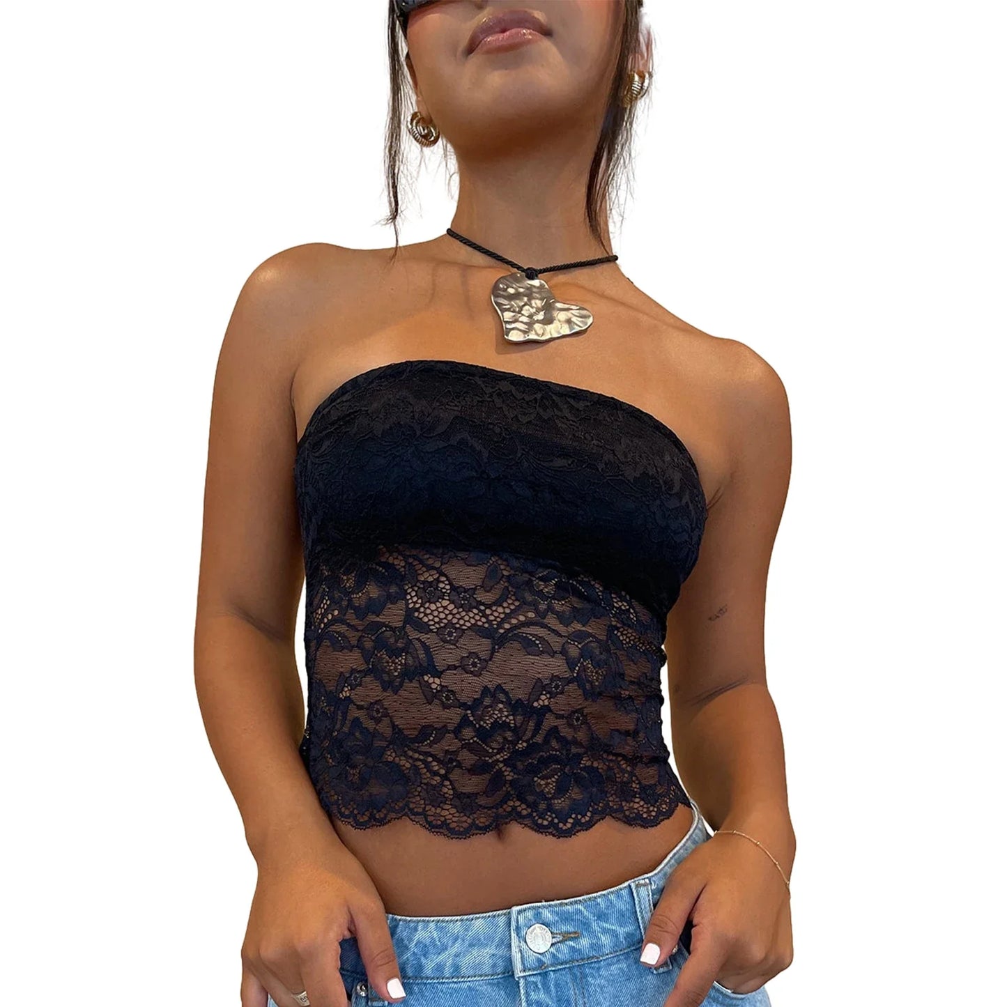 Sexy Lace Floral Tube Tops Strapless Backless See-through Crop Tank Women Top