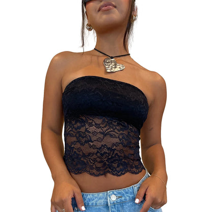 Sexy Lace Floral Tube Tops Strapless Backless See-through Crop Tank Women Top