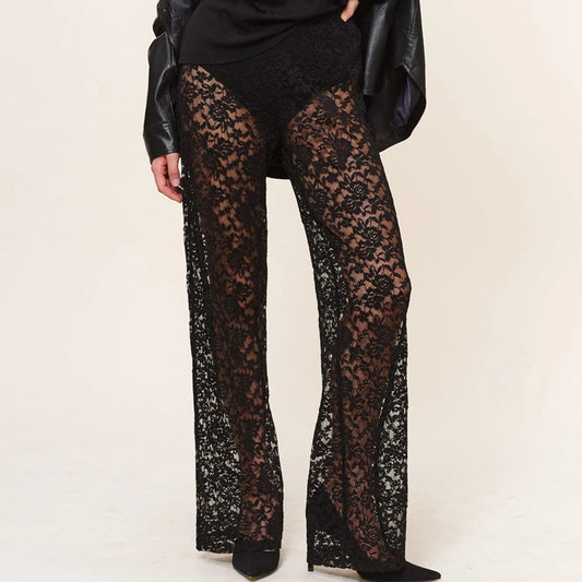 Lace Sheer Mesh See Through High Stretchy Wide Ladies Fairy Grunge Streetwear Sexy Pants