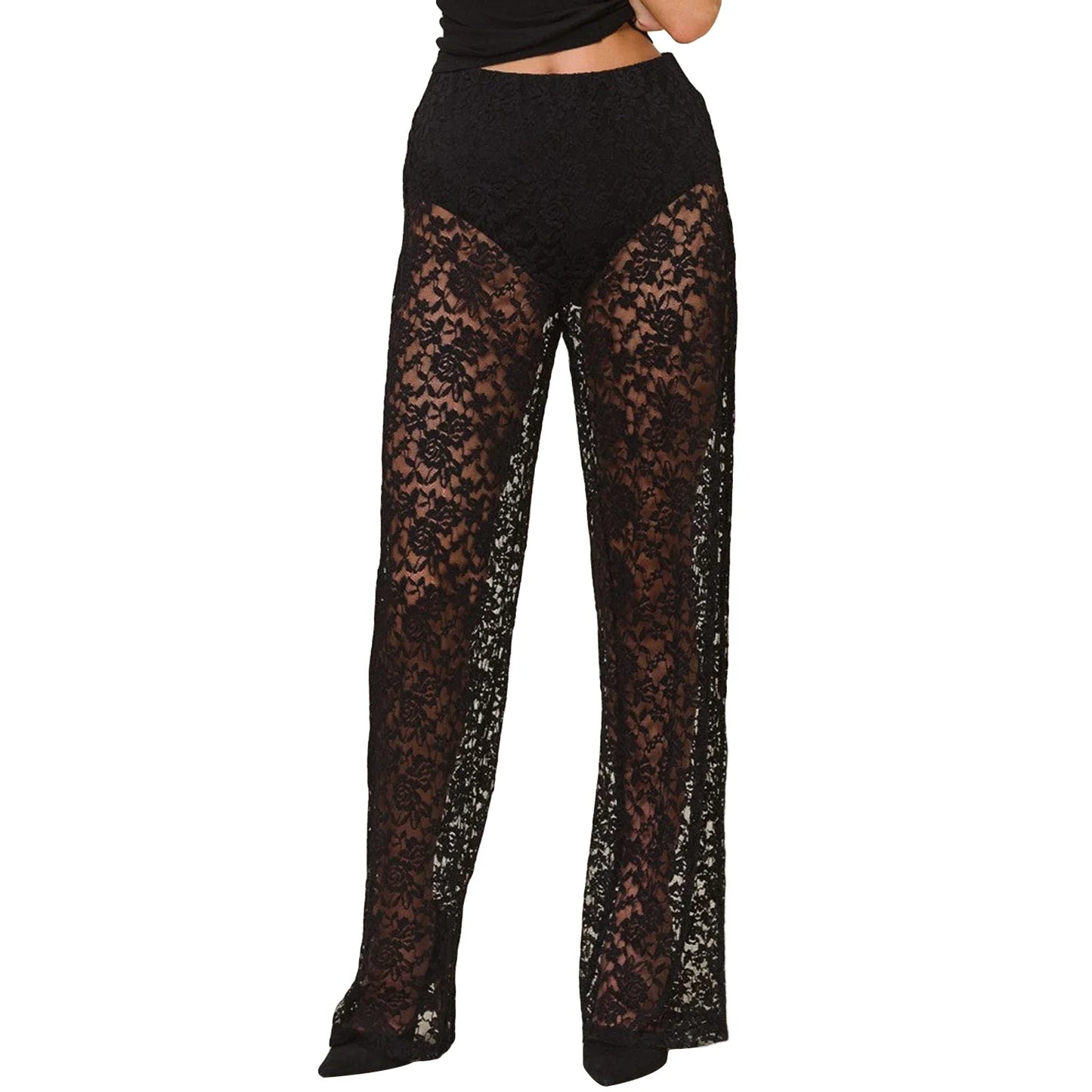 Lace Sheer Mesh See Through High Stretchy Wide Ladies Fairy Grunge Streetwear Sexy Pants